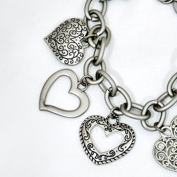 Chunky Heart Charm Bracelet Silver Tone - Picture 2 of 8
